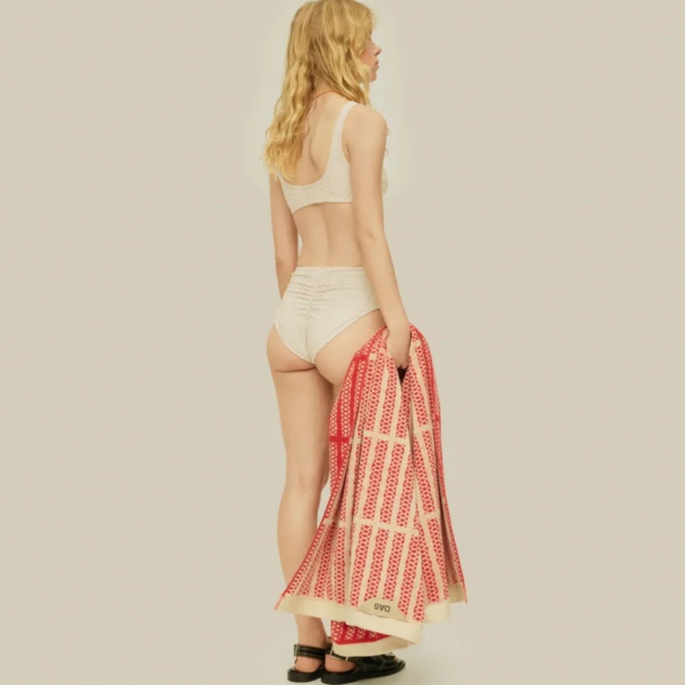 NWT OAS Ecru Scribble Riva Bikini Bottom Ruched Textured Swimwear Ivory Size M